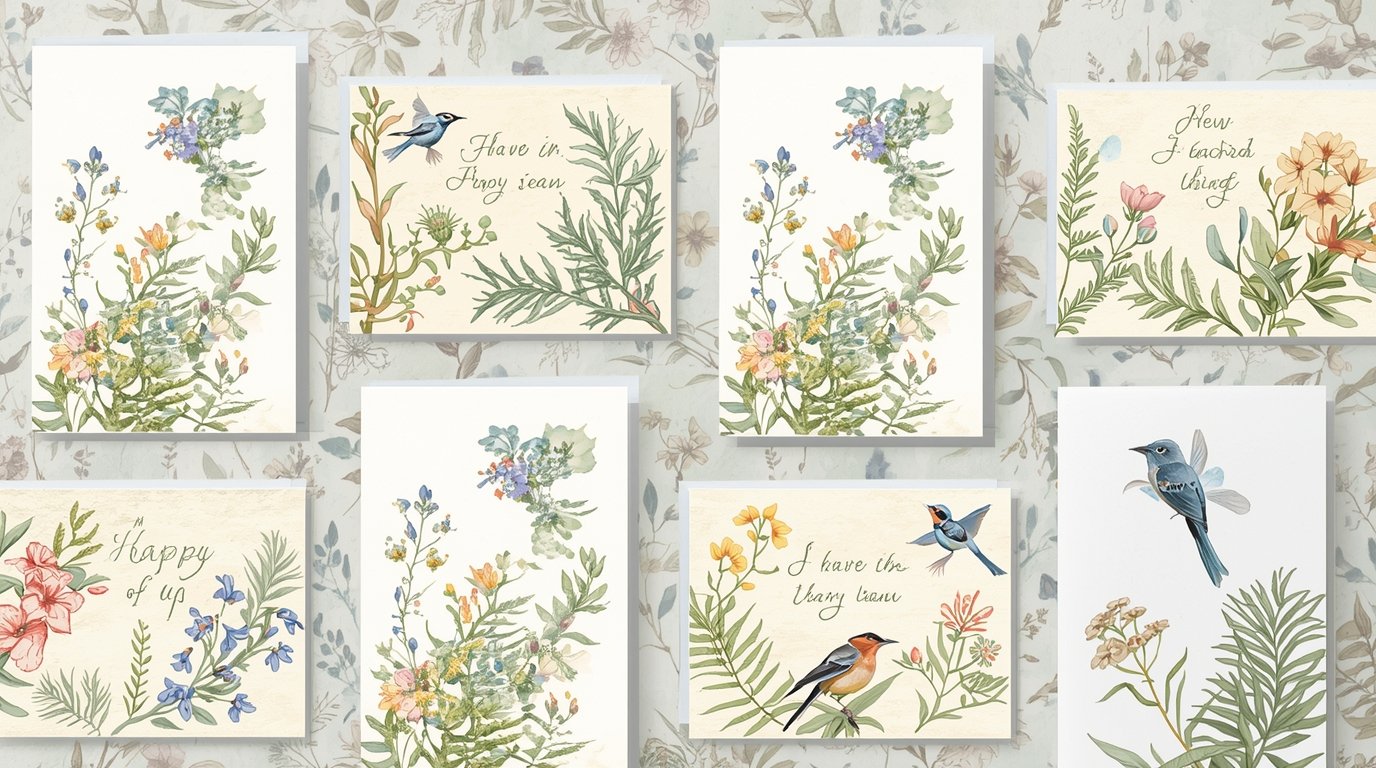 Botanical Collection greeting cards featuring delicate floral designs